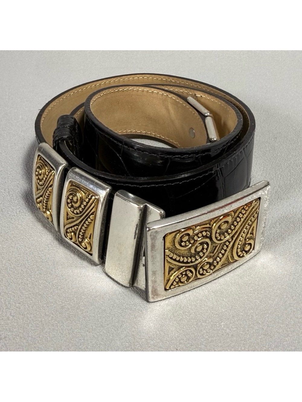 STREETS AHEAD Vintage Black Croc Embossed Leather Silver Plated Buckle Belt